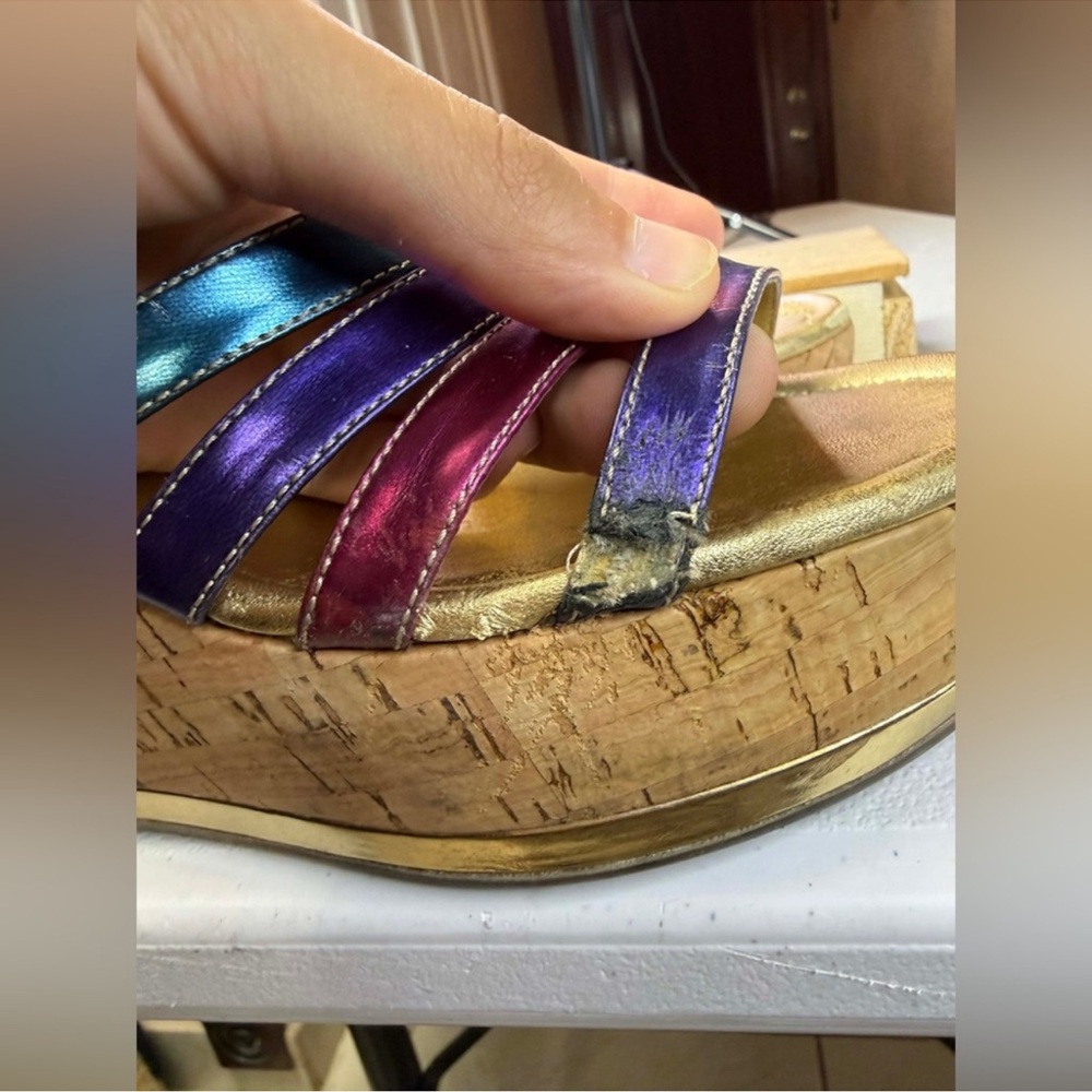 Prada Women's Multi Metallic Rainbow
Cork Wedge Sandals Sz 40 / US 10 - Picture 11 of 14